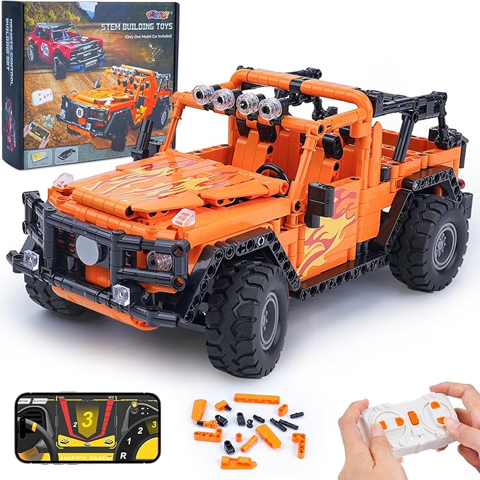 VERTOY STEM Building Car Toys for Kids Boys - Remote & APP Control Block Set, Birthday Gifts for Age 8-12 13+ Year Old, Bigger Orange Model(740+ pcs)
