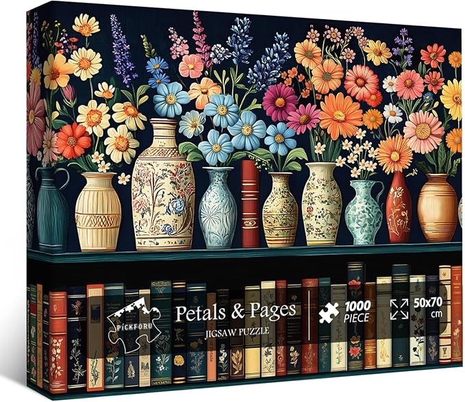 Wildflower Puzzles for Adults 1000 Pieces, PICKFORU Vintage Flower Book Puzzle, Wildflower Pages Jigsaw Puzzle for Book Lover, Floral Art Bookshelf Library Puzzles