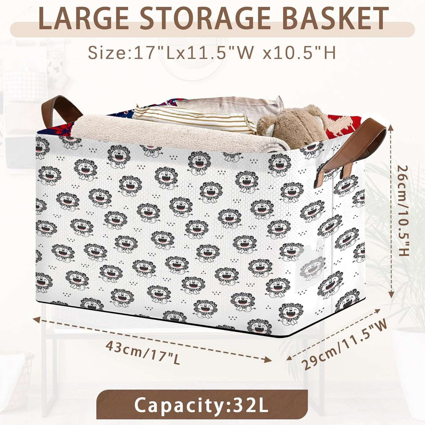 Wild Animal Storage Basket Large 17x11.5x10.5 Inche-Collapsible Fabric Organizer Bin with Handles for Nursery, Kids Room, Safari Theme-Decorative Hamper with Playful Lion Silhouette Design-Single Pack