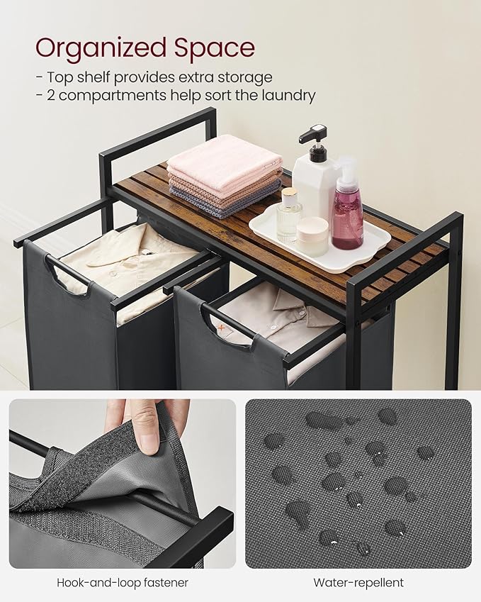 VASAGLE Laundry Hamper, Laundry Basket, Laundry Sorter with 2 Pull-Out and Removable Bags, Shelf, Metal Frame, 2 x 12.1 Gallons (46 L), 28.8 x 13 x 28.4 Inches, Slate Gray and Rustic Brown UBLH201G01