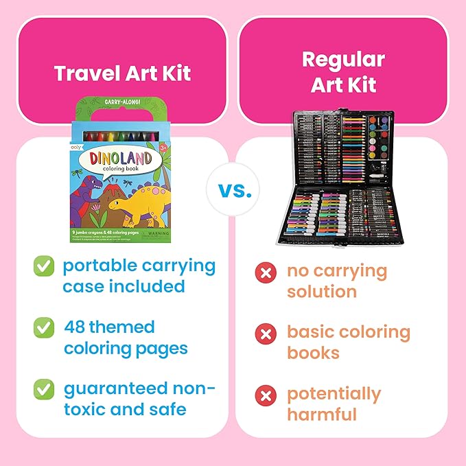 Ooly Kids Travel Activity Kit – 9 Jumbo Crayons & 48 Coloring Pages, Car Crafts for Kids, Mess-Free Road Trip Art Set, Airplane Activities – Dinoland