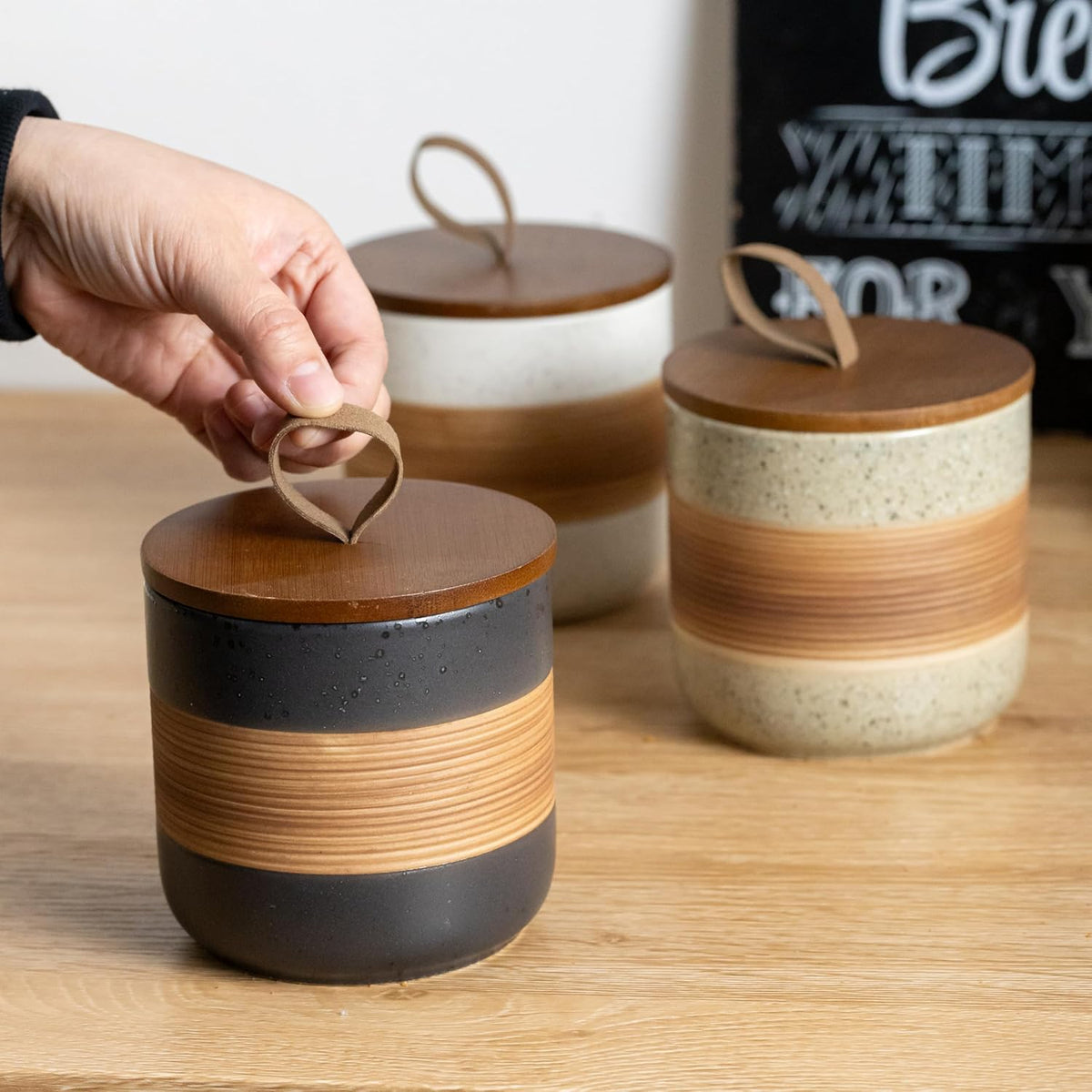 Large Storage Containers with Lids, Ceramic Coffee Container Kitchen Food Storage Jars for Spice Sugar Tea Bag, Stackable Decorative Jars for Counter, Black & 61oz