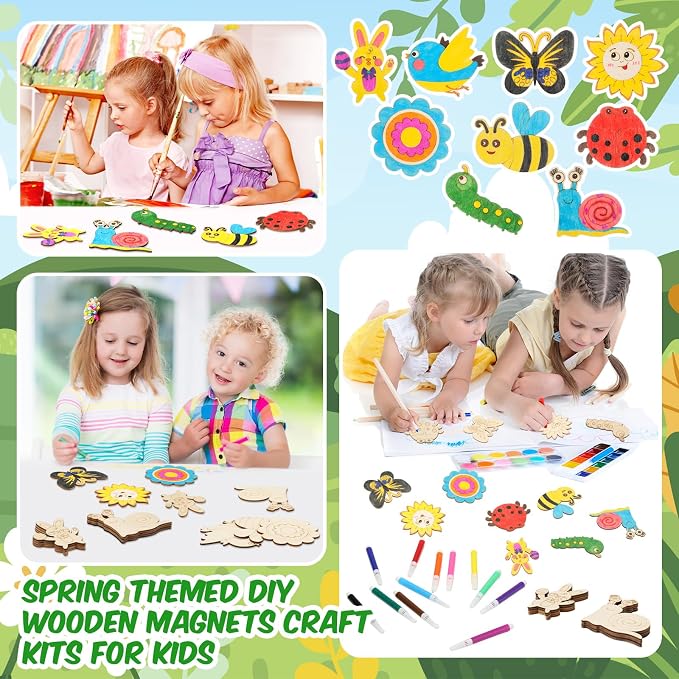 Blueweenly 36 Sets DIY Wooden Magnets Craft Kits for Kids Wooden Supplies Craft Painting Kit for Kids Activities Party Favors for Boys Girls Easter Basket Stuffers Birthday Party Gifts (Spring)