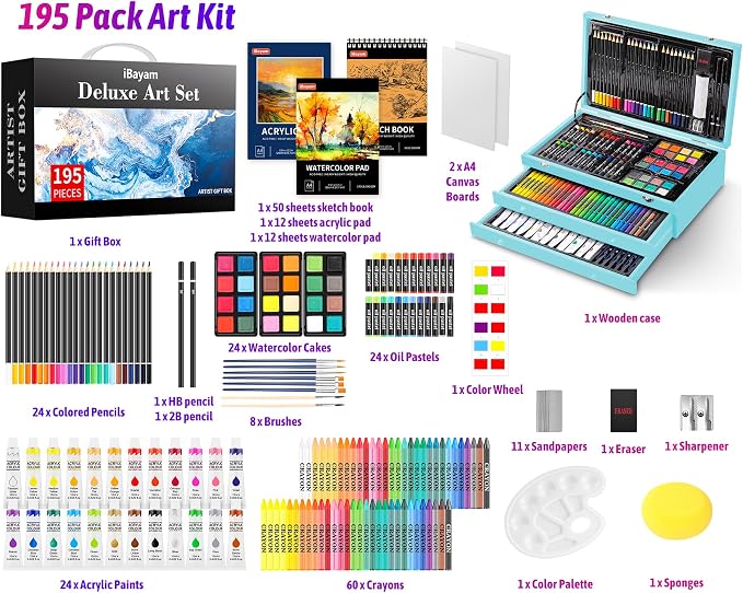 iBayam Art Set for Kids Teens Girls Boys Adult, 195-Pack Deluxe Artist Gift Box with 3 PCS Drawing Pads, A4 Canvases, Arts and Crafts Kits, Painting, Drawing & Art Supplies with 24 Color Acrylic Paint