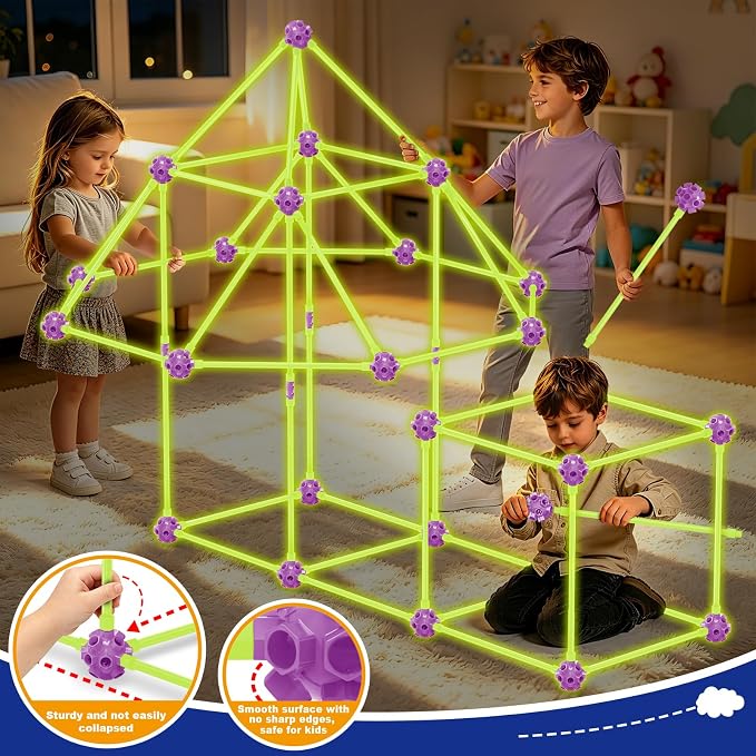 Glow In The Dark Fort Building Kit for Kids Age 4, 5, 6, 7, 8+ Years Old, STEM Building Toys for Indoor Outdoor, kids Creative Construction Toys Set, Christmas Birthday Gifts for Boys & Girls, 140 Pcs