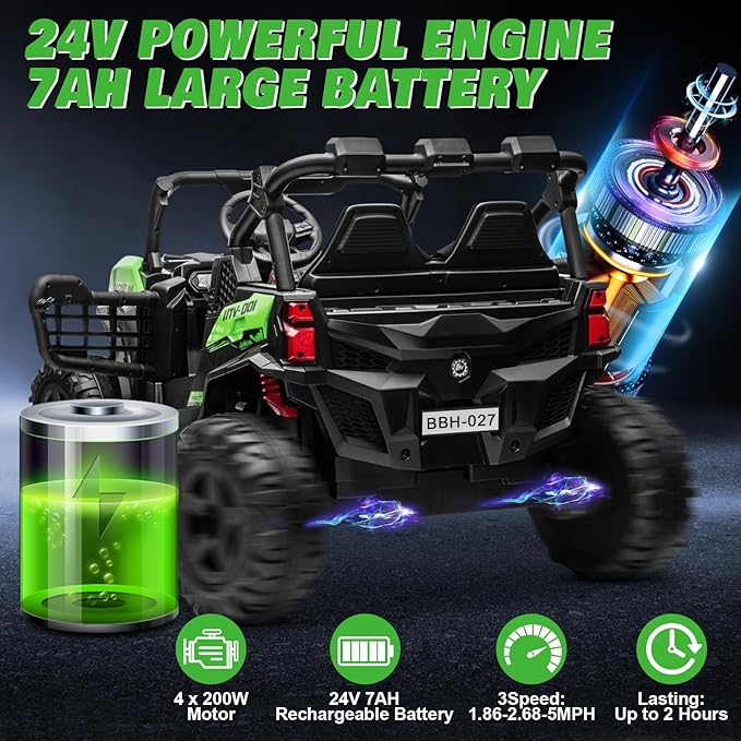 24V 2 Seater Ride on Car for Kids, MOEYURO 800W Powered UTV Toy, 5MPH Large Side by Side Electric Car w/Remote, Bluetooth, LED Light, 3 Speeds, Music, Spring Suspension, Storage for 3-8 Gift, Green