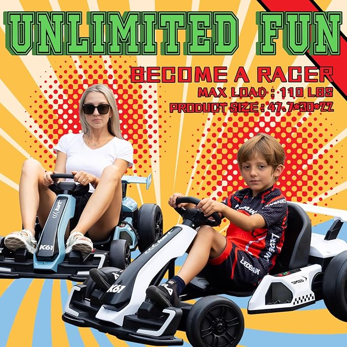 KerryYoo K61 Go Kart Electric Drift Kart with Length Adjustable Seat, 24V Outdoor Ride on Toy with 4 Speed Mode, Crazy Kart for Kids 6-12 Years Old, Fast 300W Motor, 8.5 MPH, Bluetooth - Blue