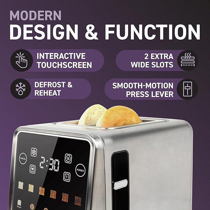 Inspirex Touch Screen Toaster - 2 Slice Extra-Wide Slots - 5 Bread Type and 6 Browning Levels - Defrost, Reheat, Favorite, Single Slot Settings - Stainless Steel