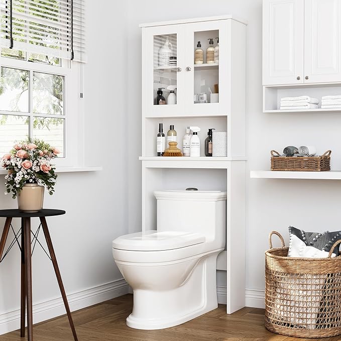 Meilocar Over The Toilet Storage Cabinet for Bathroom, Storage Organizer Over Toilet, Space Saver with Tempered Glass Doors, White