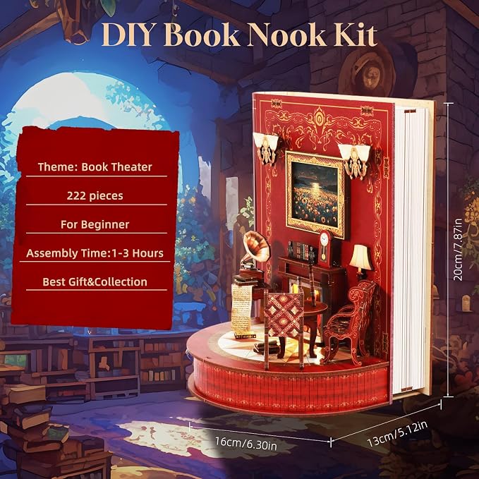 DIY Miniature House Kit,Tiny House Corner Kit Book Nook Kit for Adults,Wooden Puzzle with LED, Halloween/Christmas/Birthday Gifts for Family/Friends,Book Theater