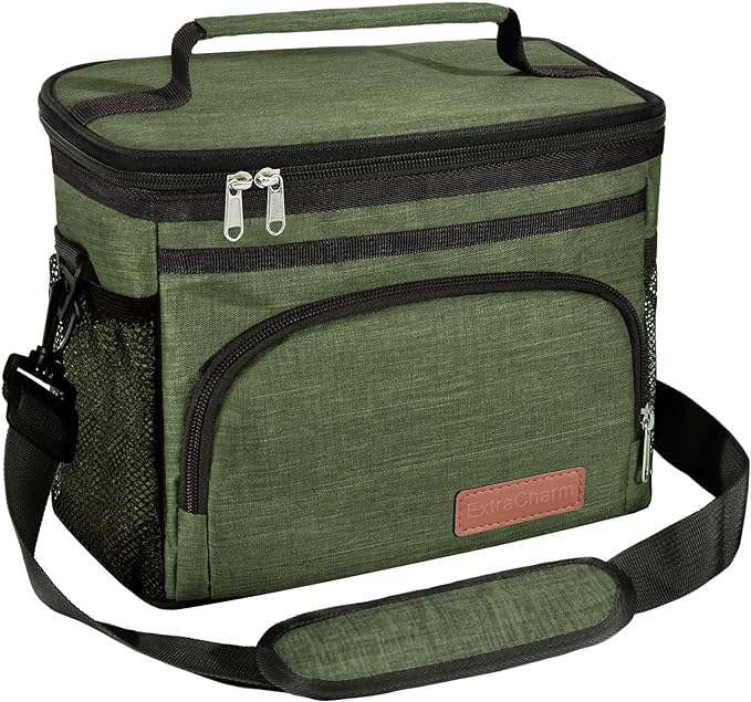 ExtraCharm Insulated Lunch Bag for Women/Men - Reusable Lunch Box for Office Picnic Hiking Beach - Leakproof Cooler Tote Bag Organizer with Adjustable Shoulder Strap for Adults - Green