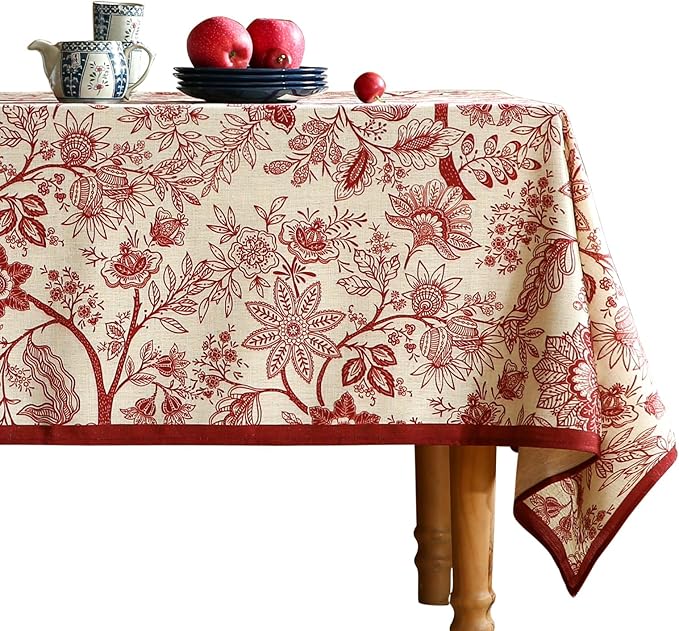 ISAENNE Designer French Linen Small Rectangular Tablecloth,Red Floral Washable Indoor Table Cloth,Durable Home Decor Tablecloths for Dining Thanksgiving Kitchen Party Christmas,55"*71"-Ruyi A