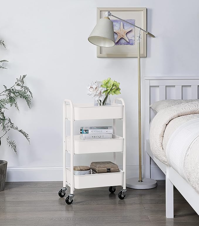 SunnyPoint 3-Tier Delicate Compact Rolling Metal Storage Organizer - Mobile Utility Cart Kitchen/Under Desk Cart with Caster Wheels - WHT (15.35" X 10.24" X 26.8"H)