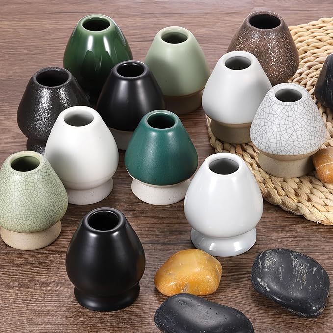 HARFINGTON Ceramic Chasen Stand 65mm Matcha Whisk Holder, Traditional Matcha Tea Chasen Holder, Black Gray