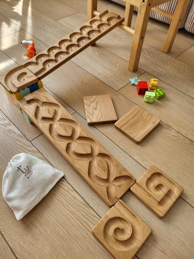 Wooden Marble Run Track Set of 2 Montessori STEM Toy for Kids Race Machine & Maze Board Educational Wooden Roller Track Game – Wind & Whirlpool Run Gift for Children