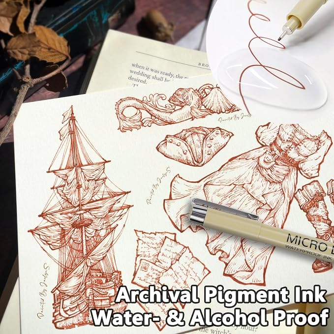 Muchcute Micro Fineliner Drawing Art Pens: 6 Sepia Fine Line Waterproof Ink Set Artist Supplies Brown Archival Inking Marker Liner Sketch Outline Manga Anime Gifts Sketching Watercolor Zentangle Stuff