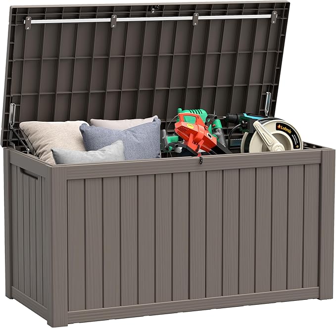 NUNU LAB 151 Gallon Outdoor Storage Box,Resin Large Sturdy Deck Box, Backyard Outside Storage Box Waterproof with Double Wall Panels,Package Delivery Garden Outdoor Hose Storage Bin,Grey
