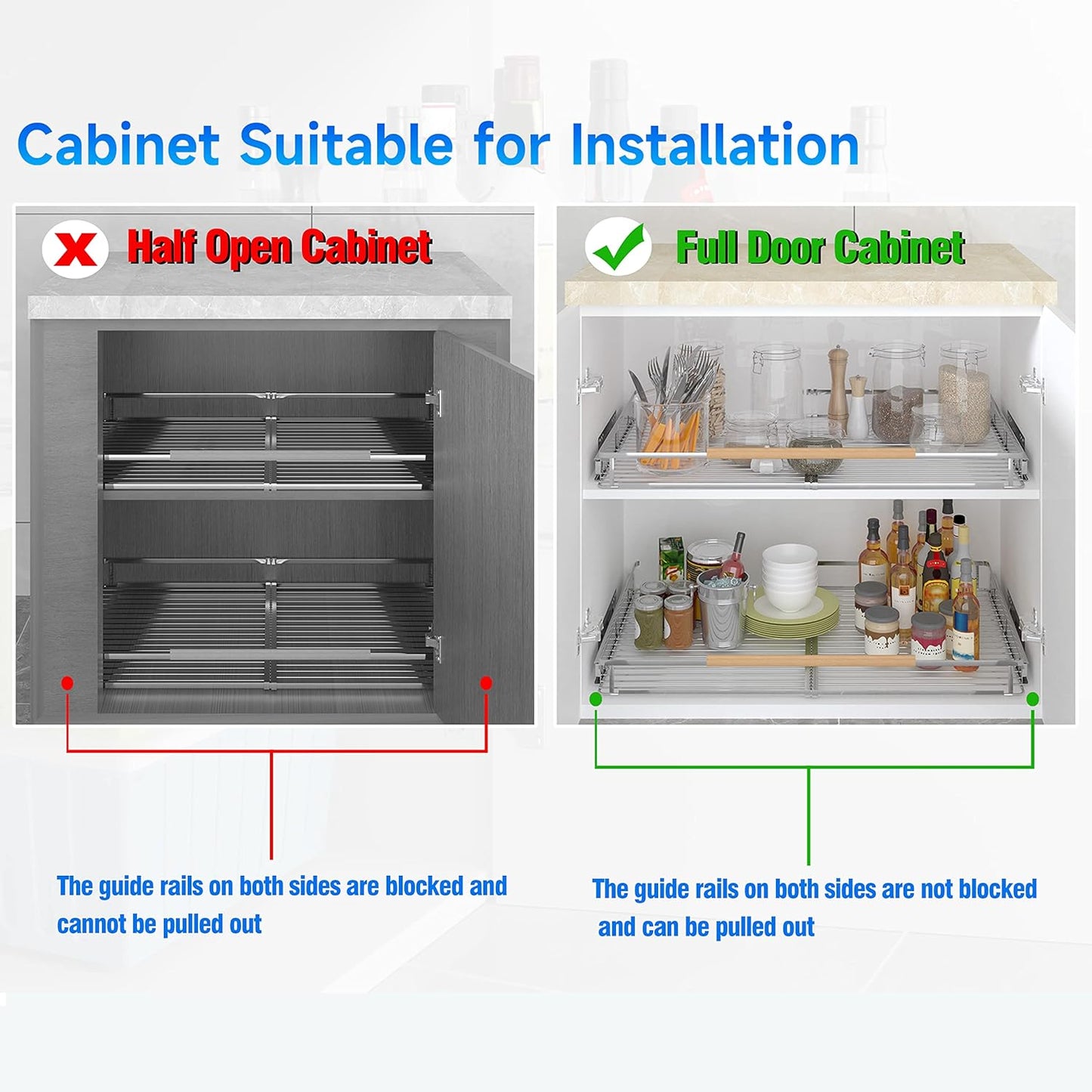 Expandable Pull Out Cabinet Organizer,23~39.8"W x 22.5"D Heavy Duty Slide Out Shelves Adjustable Height Cabinet Pull Out Shelves,Expandable Width Spice Rack Organizer for Kitchen Cabinet