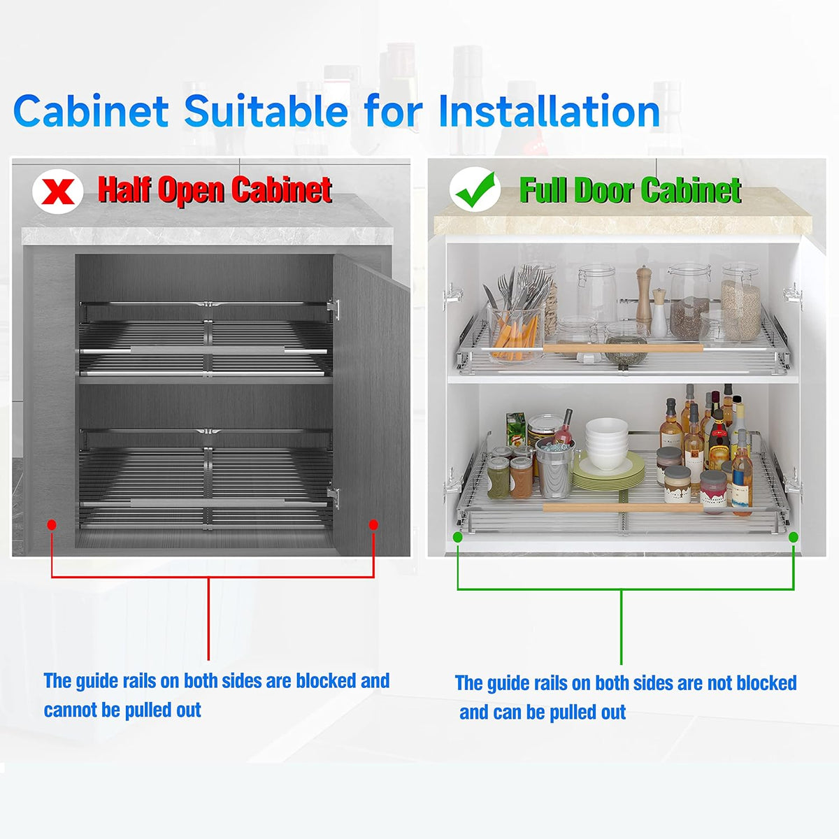 Expandable Pull Out Cabinet Organizer,17.1~28"W x 22.5"D Heavy Duty Slide Out Shelves Adjustable Height Cabinet Pull Out Shelves,Expandable Width Spice Rack Organizer for Kitchen Cabinet