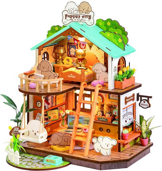 Rolife DIY Miniature House Kits Puppy's Cozy Villa, DIY Crafts for Adults Miniature Model Set, Tiny House Duplex Villa with Puppy, Hobbies & Birthday for Friends (230PCS)