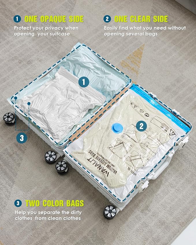 Vacuum Storage Bags for Travel, 8 Pack (4S+4XS) Vacuum Seal Bags with Wireless Rechargeable Electric Pump, Travel Essentials Space Saving Compression Bag for Clothes, Luggage, Suitcase, Backpack, Trip