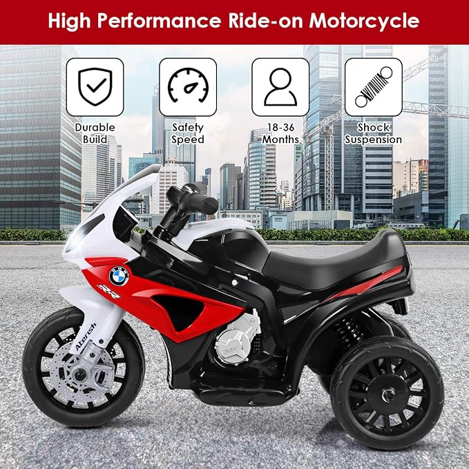 Costzon Kids Electric Ride on Motorcycle, Licensed BMW 6V Battery Powered Toy w/Headlights &Music, Pedal, 3 Wheels for Children Boys & Girls (Dark Red)