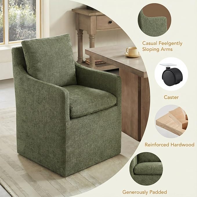 Upholstered Dining Chairs with Casters, No Assembly Modern Accent Armchair with Rollers for Dining Room, Bedroom, Living Room, Reading Room, Already Assembled, Green, 4 Box