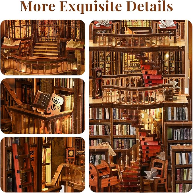 MiniCity Book Nook Kit, DIY Miniature Dollhouse Booknook Kit, 3D Wooden Puzzle Bookend Bookshelf Insert Decor with LED Light for Teens and Adults (Abbey Library)