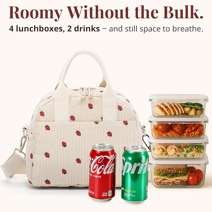 Crossbody Strawberry Lunch Bag for Women, Insulated Corduroy Tote with Adjustable Strap, Water Resistant Lunch Box for Work, Picnic, Travel or Beach, Beige Cream Reusable Lunch Box