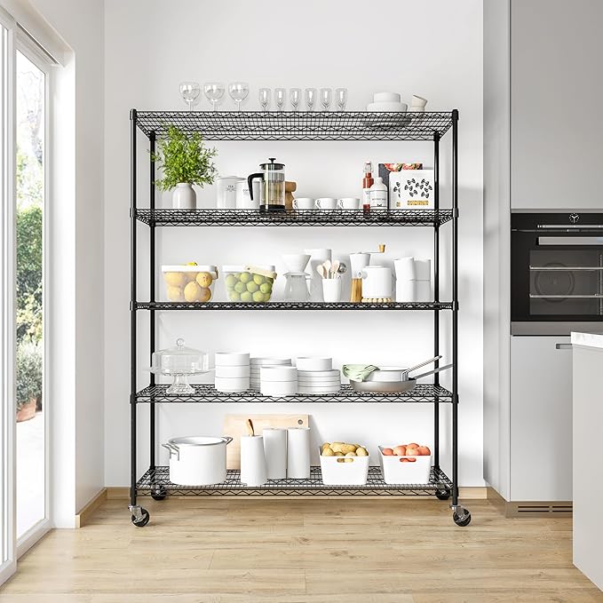 Seville Classics UltraDurable Heavy Duty NSF Solid Steel Wire Rack Storage Unit, Organizer for Garage, Warehouse, Office, Restaurant, Classroom, Kitchen, Black, 5-Tier Shelving, 60" W x 24" D