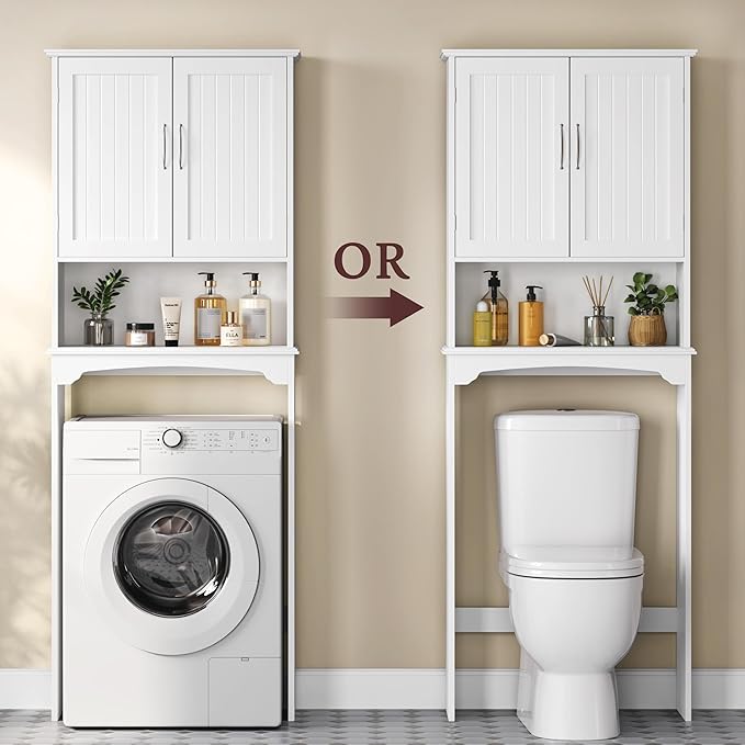 Yaheetech Over The Toilet Cabinet, Double Door Bathroom Storage Organizer, Toilet Rack with Inner Adjustable Shelf and Open Storage Shelf, White