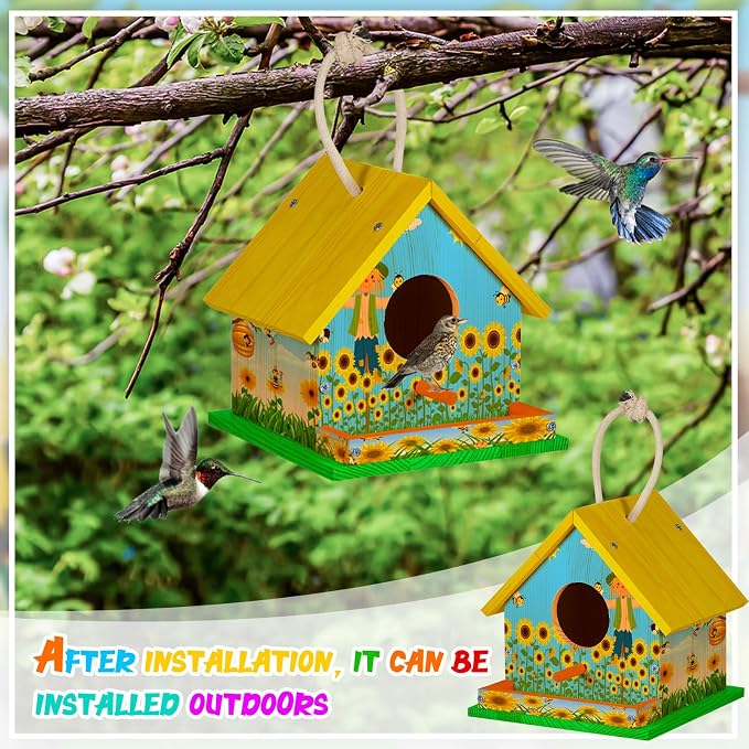 Liliful 16 Sets Wooden DIY Birdhouse Kit, Unfinished Bird Houses with Paints and Paintbrushes, Bird Feeder Craft Arts for Kids Ages 4-8, 8-12, Classroom Activity and Adults Wooden Craft Gifts