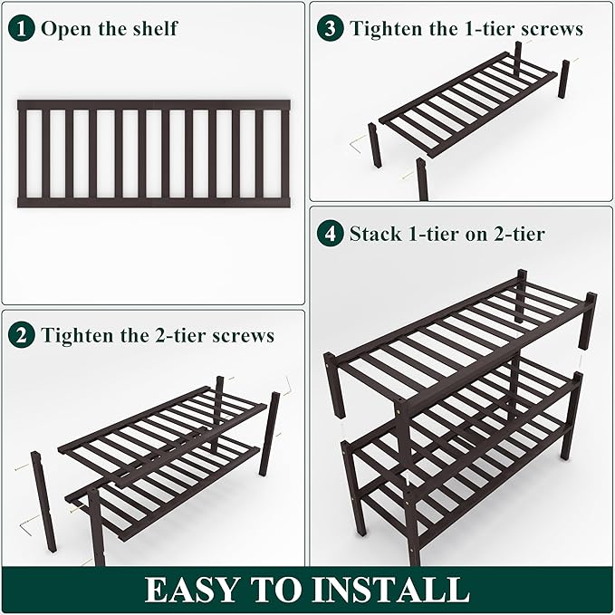 Smiry Shoe Rack, 3 Tier Thick Bamboo Shoe Organizer, Stackable Free Standing Wooden Shoe Storage Shelf for Closet, Entryway, Front Door Entrance, Brown