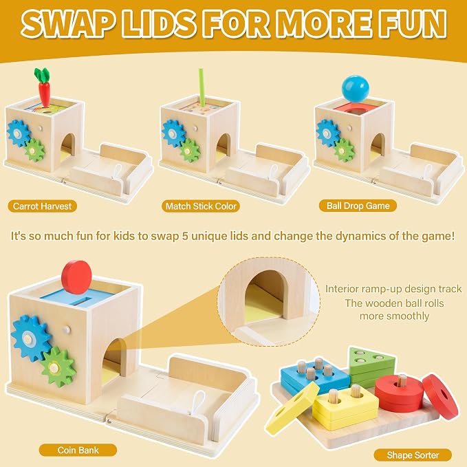 Kizfarm Wooden Montessori Baby Toys, 8-in-1 Wooden Play Kit Includes Object Permanent Box, Coin Box, Carrot Harvest, Shape Sorting & Stacking - Birthday Gift for Boys Girls Toddlers
