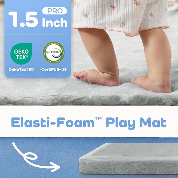 1.5" Thick Padded Baby Play Mat for Floor Tummy Time, Pro Soft Foam Activity Playroom Playmats, Easy Care with Non-Slip Safe for Infant Toddlers Crawling 71"x 79" (Light Grey)