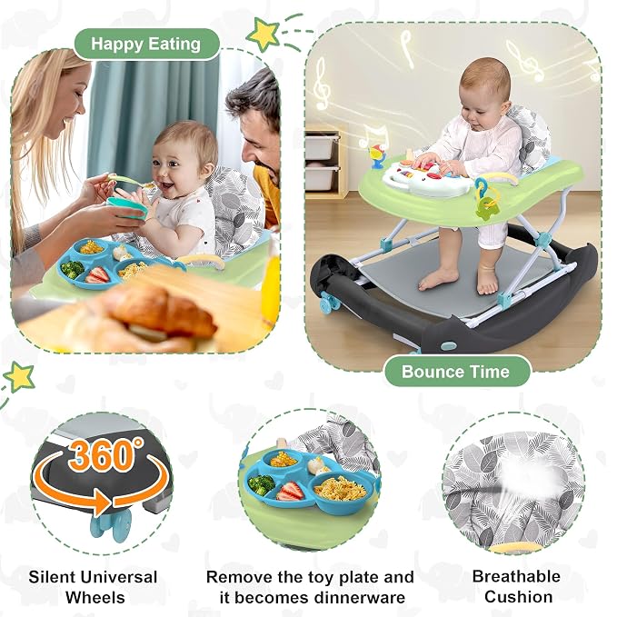 Pawtong Foldable Baby 5-in-1 Activity Walker - Rocker, Activity Center, Bouncer, Seat Walker, Push Walker - Adjustable Speed Rear Wheels and Height Toys Ages 6-18 Months… (Green)