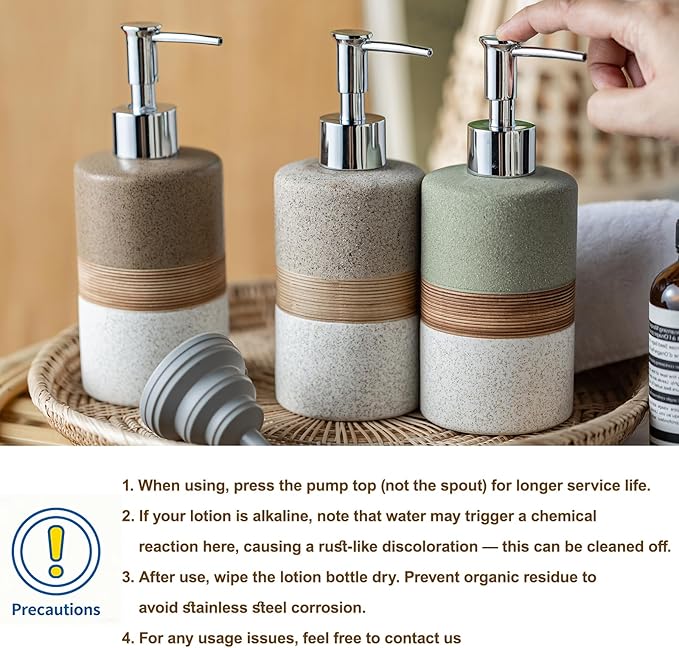 Ceramic Dish Soap Dispenser Set with Silicone Funnel, Hand Soap, Shampoo, Body Wash, Lotion Dispenser for Kitchen and Bathroom, Stainless Steel Pump, Non Slip, 12 Oz