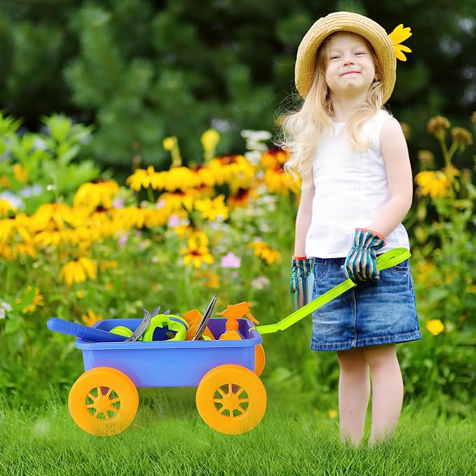 deAO Kids Garden Wagon Wheelbarrow and Gardening Tools Play Set Includes 10 Accessories and 4 Plant Pots,Great Outdoor Toddler Toys Kids Gardening Set