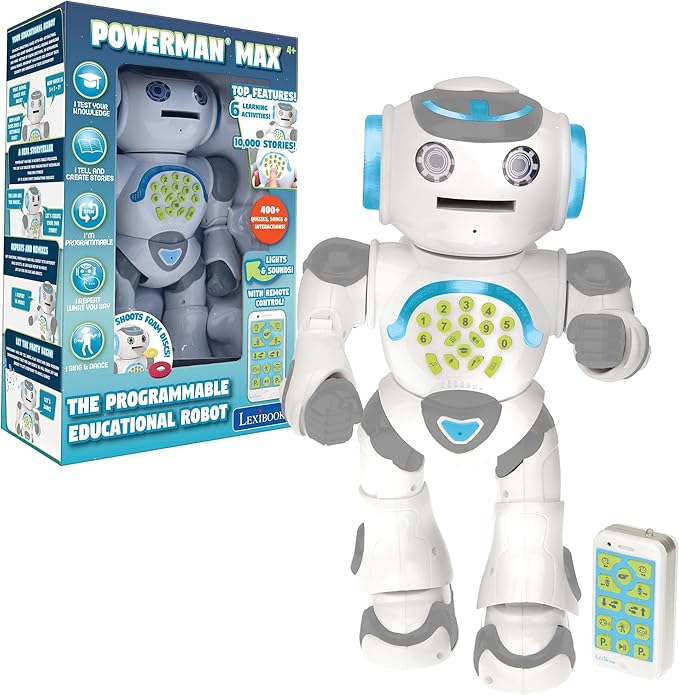 LEXiBOOK Powerman Max - Remote Control Walking Talking Toy Robot STEM Programmable Dances Sings Telling 10,000 Stories 300+ Learning Quiz Shooting Discs and Voice Repeat for Kids 4+ - ROB80EN, White