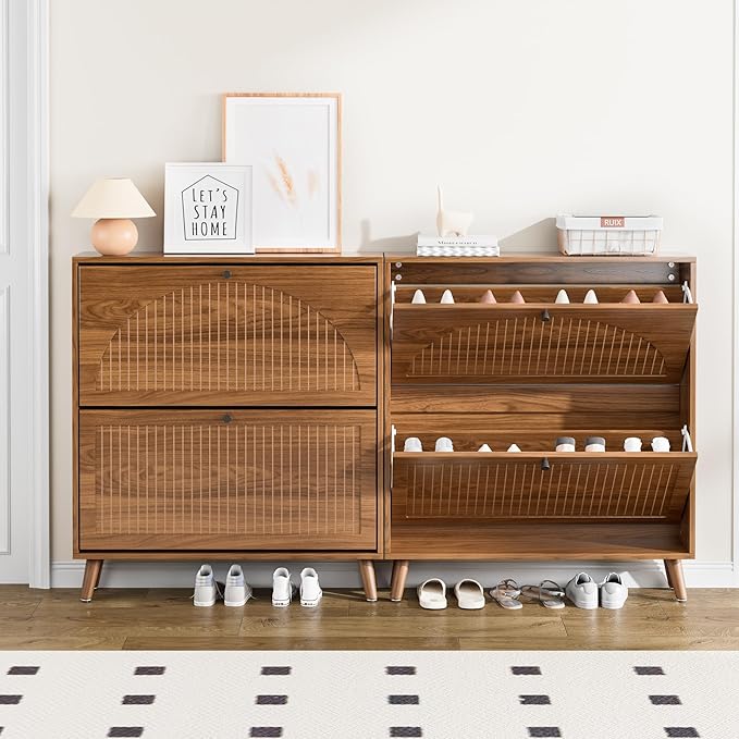 Shoe Storage Cabinet for Entryway with 2 Flip Drawers, Narrow Wood Shoe Cabinet with Fluted Panel, Freestanding Hidden Shoe Organizer for Foyer, Hallway (Walnut - No Shelf)