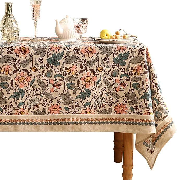 ISAENNE Designer Boho Floral Long Rectangle Tablecloth,Linen Lotus Flower Pattern Colorful Indoor Table Cloth,Durable Decor Tablecloths for Dining Thanksgiving Kitchen Christmas,63"*102"-Hazel A