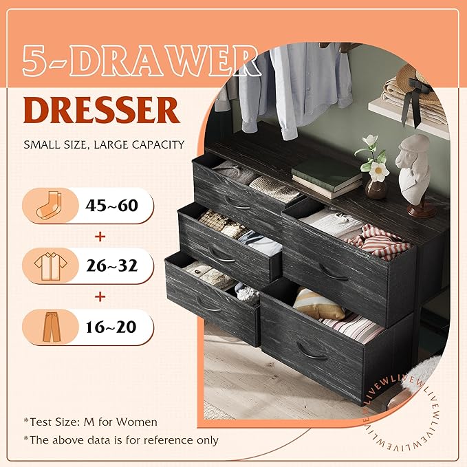 WLIVE Dresser for Bedroom with 5 Drawers, Wide Dressers with Drawer Organizers, Chest of Drawers, Fabric Dresser for Living Room, Closet, Hallway, Charcoal Black Wood Grain Print