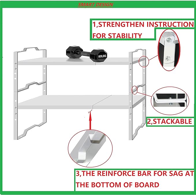 Expandable Shelf for Cabinet Organizer Adjustable Stackable Spice Rack at Kitchen and Bathroom More, Counter Countertop Cupboard Organization Pantry Storage(LARGE/1PACK/WHITE)