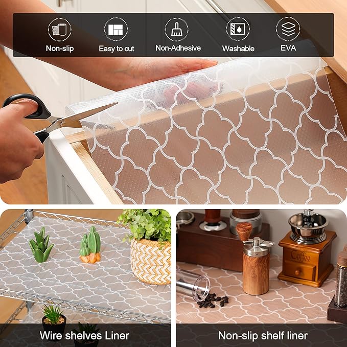 Cooyes Shelf Liner – Premium Non-Adhesive Cabinet & Drawer Liner for Kitchen – Waterproof Shelf Paper with Modern Pattern – Durable EVA Cabinet Mat – Easy to Cut （12" W x 360" L）