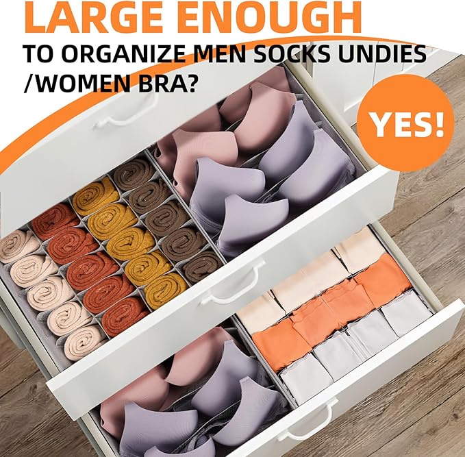 Criusia 6 Pack Large Drawer Organizer for Sock Underwear - Washable Heavy Duty Fabric Closet Organizers and Storage Bins - 90 Cells Dresser Organizer Divider for Baby Clothes, Ties, Belt (Grey)