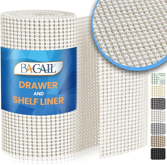BAGAIL Drawer and Shelf Liner, 17.5 in X 10 Ft Non-Adhesive Shelf Liners for Kitchen Cabinets, Thick Strong Grip Liners for Desk, Shelves, Bathroom Drawers, Cabinet Protection - White