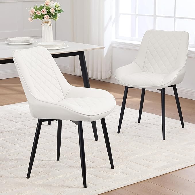 Dining Chair Set of 2, Modern Dining Chairs with Thick Cushions, Faux Leather Upholstered Kitchen Dining Room Chairs with Metal Adjustable Legs for Dining Living Room, White