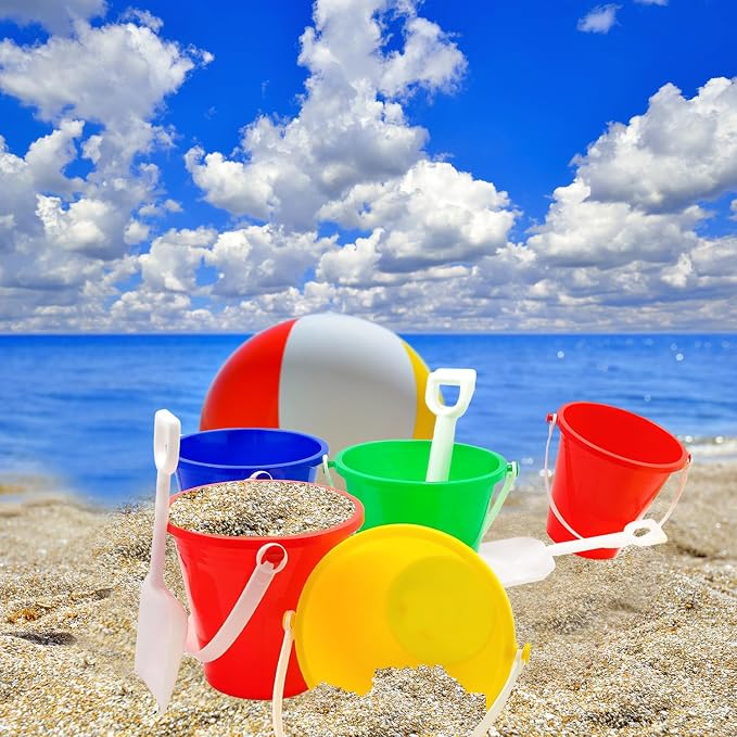 The Dreidel Company Beach Day Playsets, (Pack of 3) 5.25" Sand Bucket Play Set Box Includes, Pail & Shovel Sand Toy for Boys and Girls Birthday Party Favor