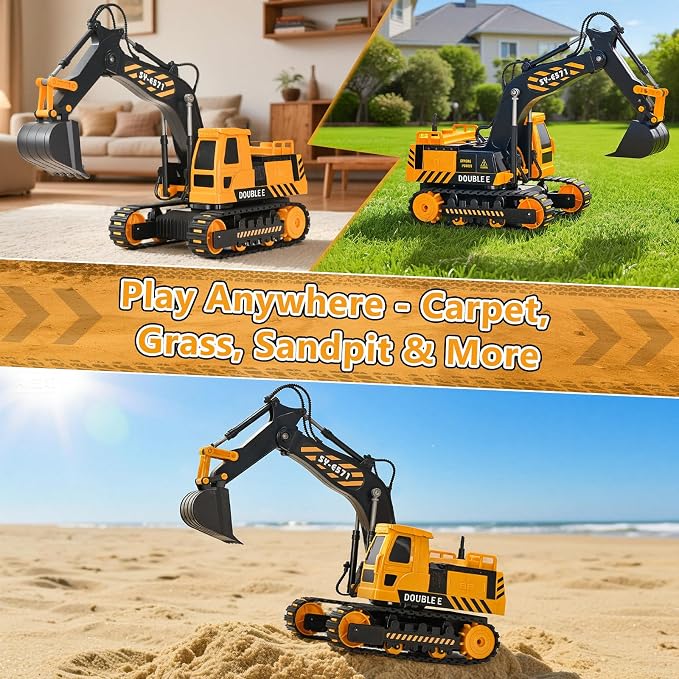 DOUBLE E Remote Control Excavator Toy, RC Excavators Sandbox Digger Hydraulic Construction Toys - Realistic Construction Vehicle with 6 Functions, Xmas Gift for Kids 3-14 Years