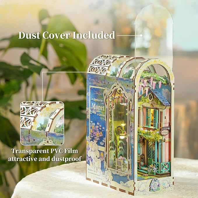 Tonecheer DIY Book Nook Kit for Adults, 3D Puzzle Wooden Miniature House Kit, Booknook Dollhouse Bookshelf Insert Decor Bookend with Dust Cover and LED Lights Gifts (Giverny Garden)